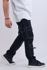 Black Cargo Style Straight fit with White Contrast Stitch