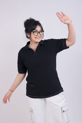 Black Polo T-Shirt with White Contrast Stitch